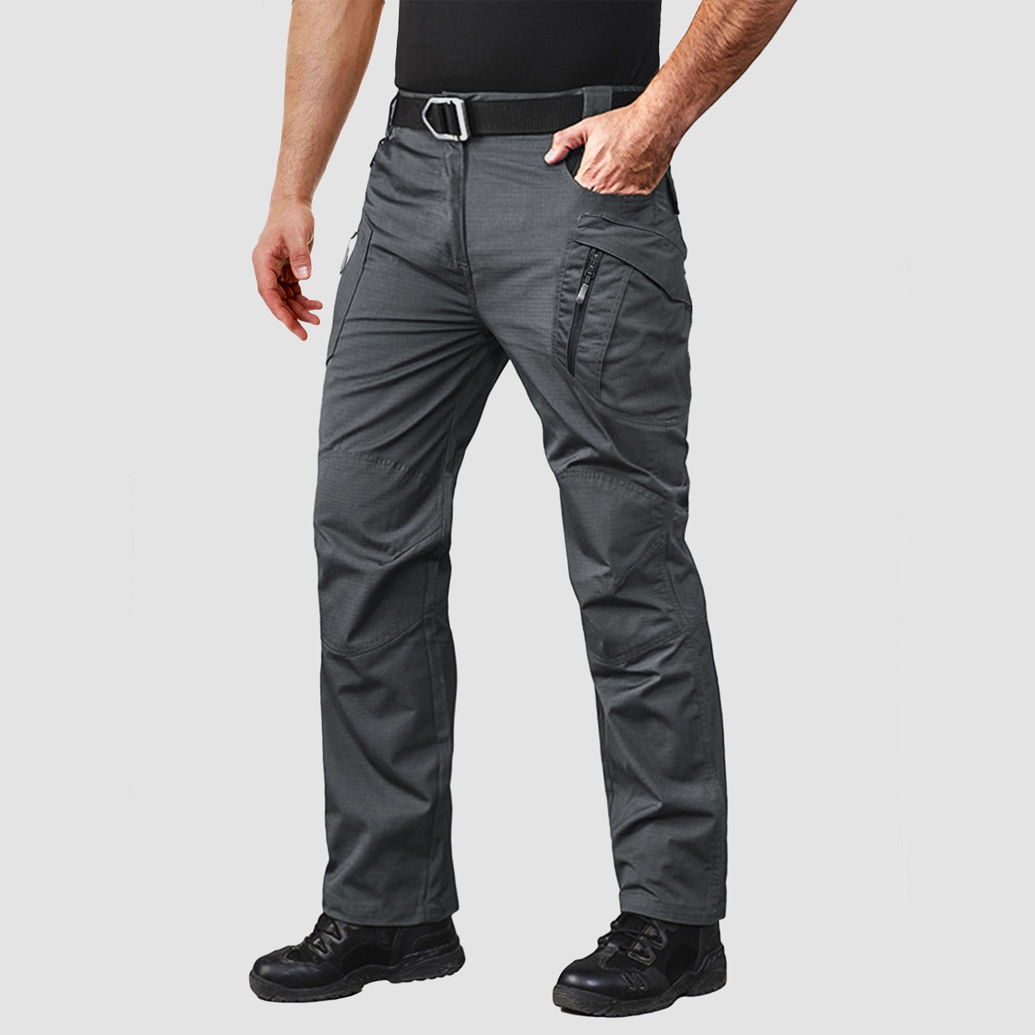 Men's ripstop tactical cargo pants with 9-pocket layout, elastic waist, durable outdoor hiking workwear
