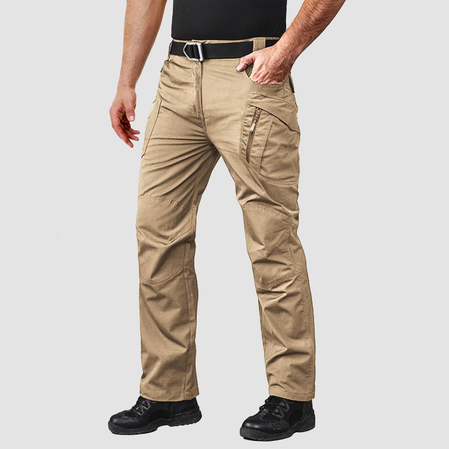 Men's khaki ripstop tactical cargo pants with 9-pocket layout for hiking and outdoor work