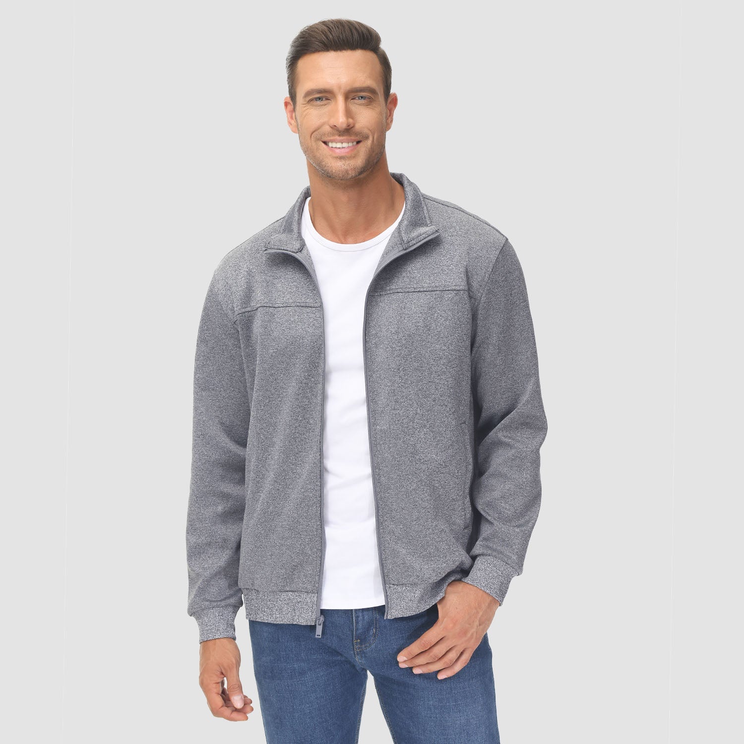 Men's lightweight full-zip track jacket, breathable stretch fabric, stand collar, side pockets, active fit