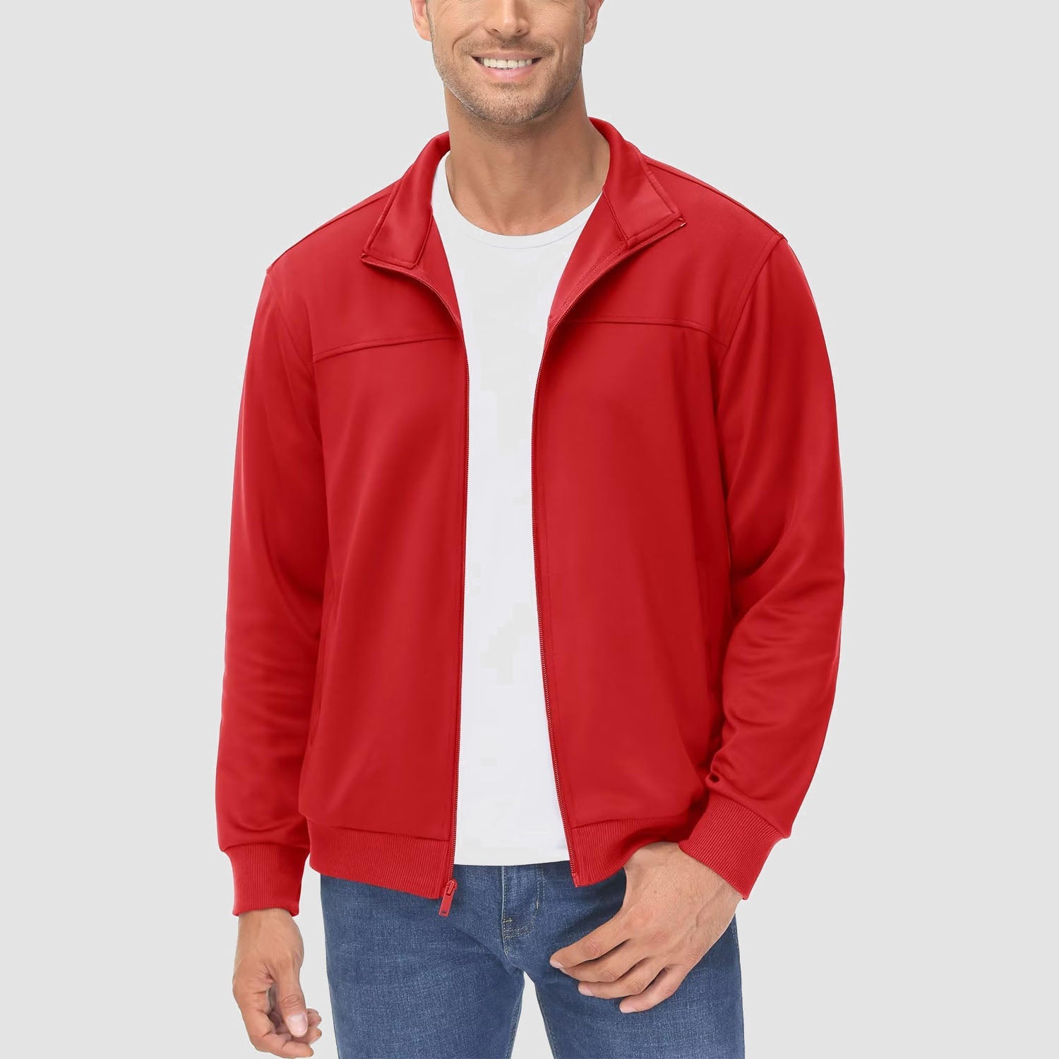 Men's lightweight full-zip track jacket, stand collar, stretch fabric, side pockets, active fit