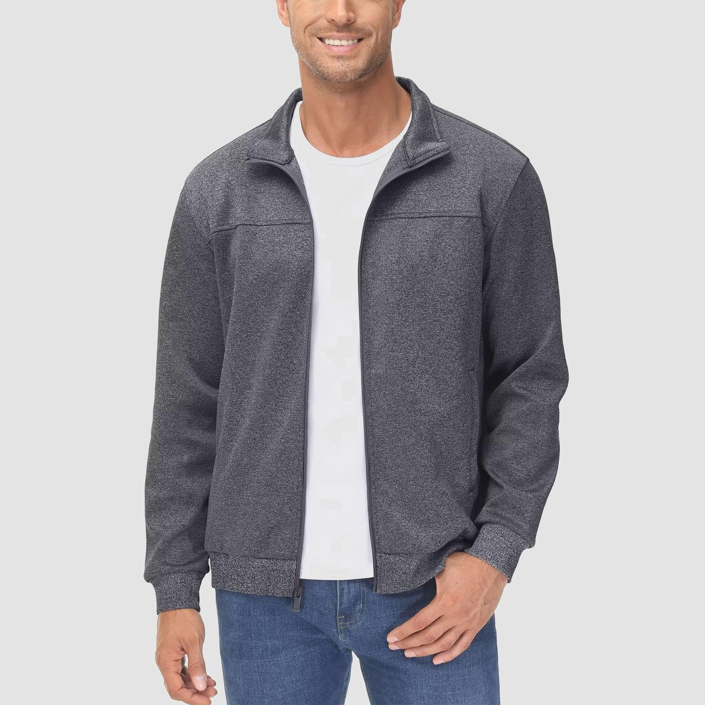 Men's lightweight full-zip track jacket stand collar breathable stretch fabric with pockets for active wear