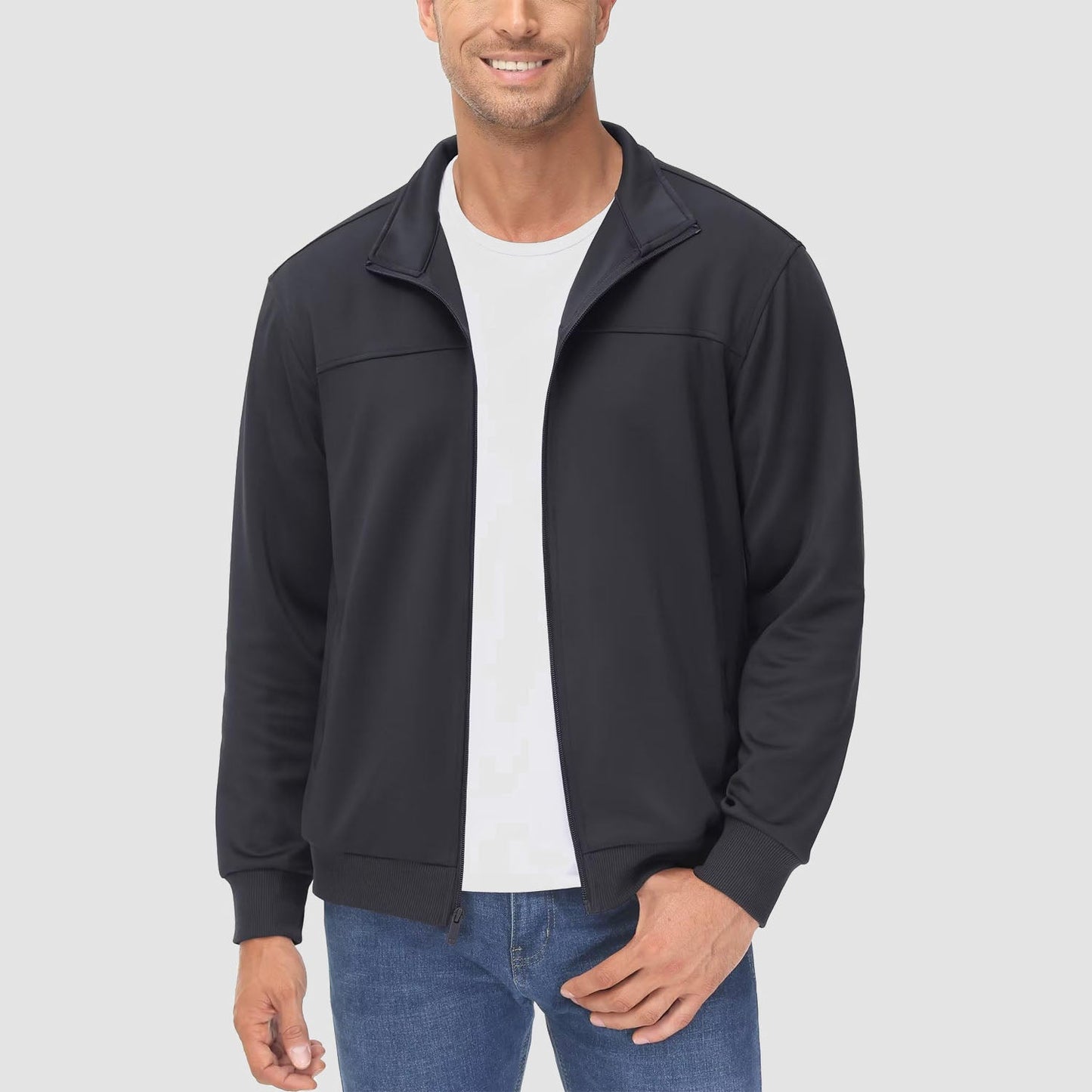 Men's lightweight full-zip track jacket, breathable stretch fabric, stand collar, side pockets, active fit