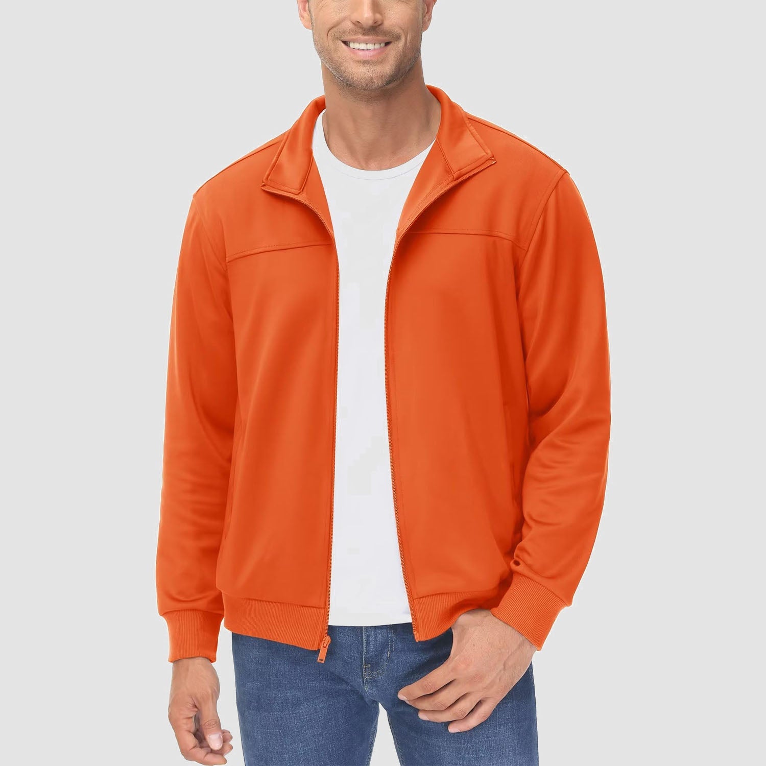 Men's lightweight full-zip track jacket stand collar breathable stretch fabric with pockets active wear