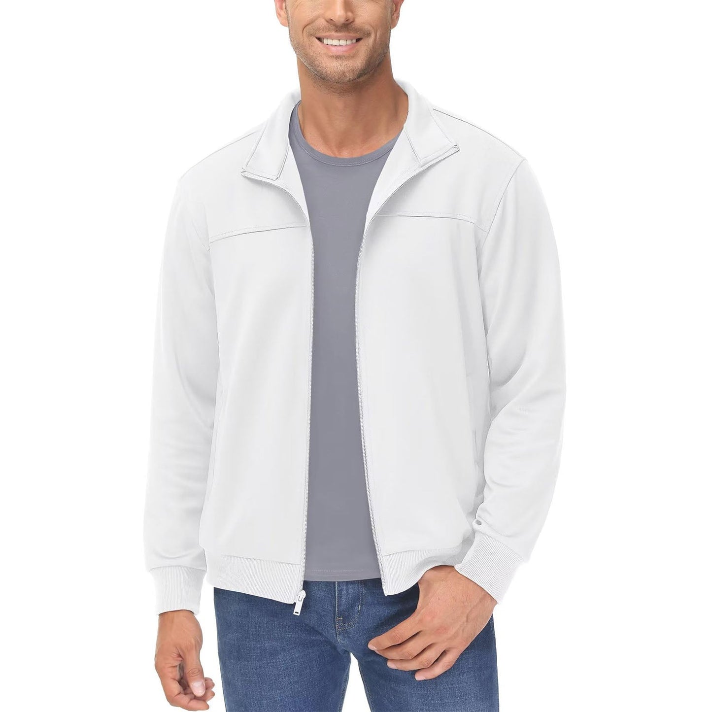 Men's lightweight full-zip track jacket gray stand collar breathable stretch fabric with side pockets