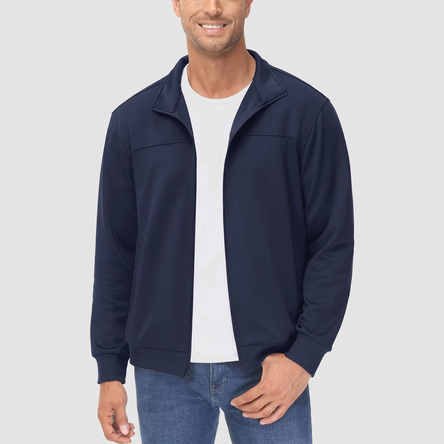 Men's lightweight full-zip track jacket gray stand collar breathable stretch fabric with zip pockets
