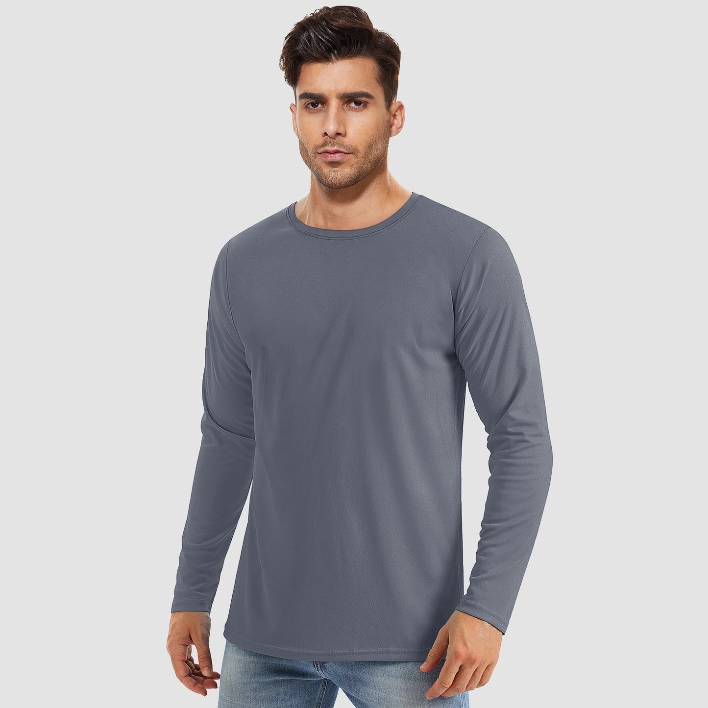 Men's UPF 80+ long sleeve quick-dry sun protection shirt, lightweight breathable polyester-spandex outdoor fit