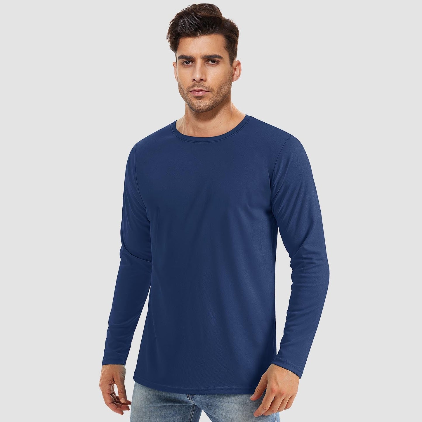 Men's UPF 80+ long sleeve quick-dry sun protection shirt, lightweight breathable polyester-spandex outdoor fit