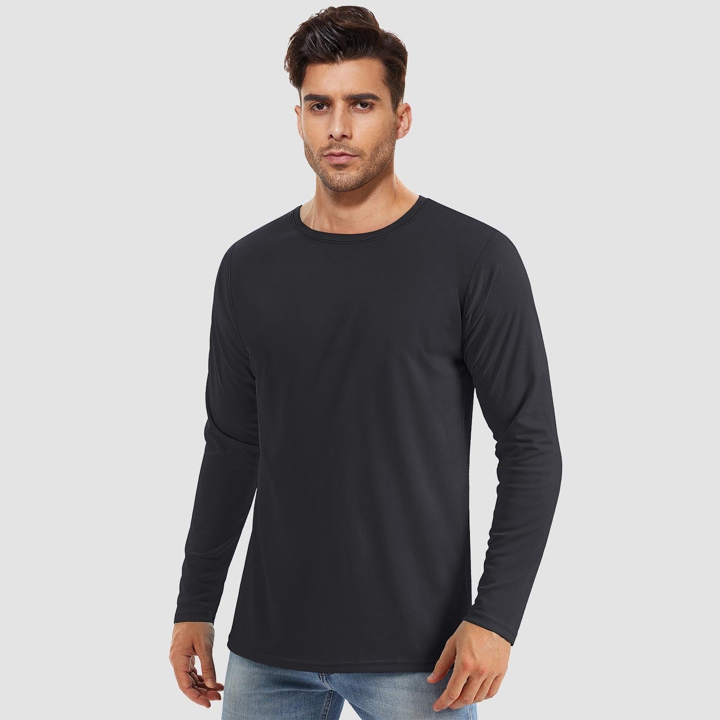 Men's UPF 80+ long sleeve quick-dry sun protection shirt, lightweight breathable polyester-spandex blend