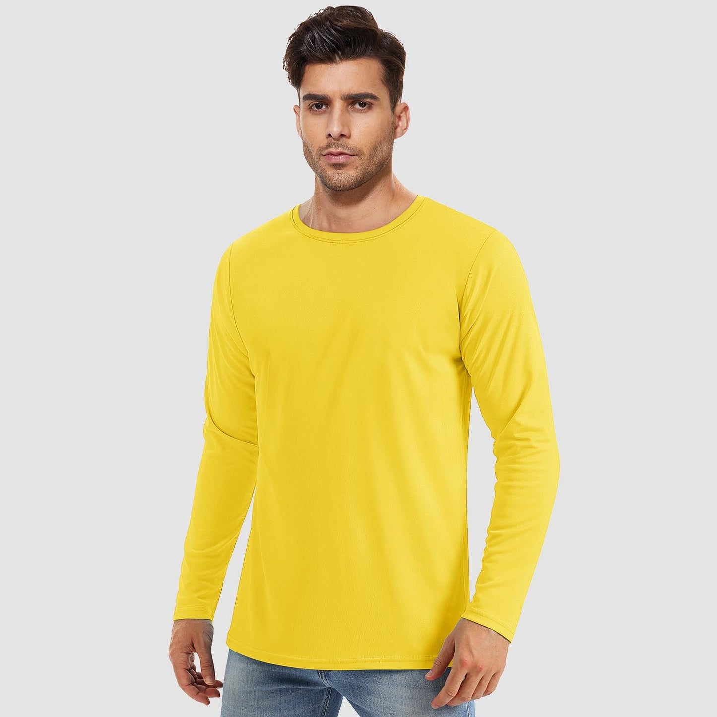 Men's UPF 80+ long sleeve quick-dry shirt, lightweight polyester-spandex blend for outdoor activities