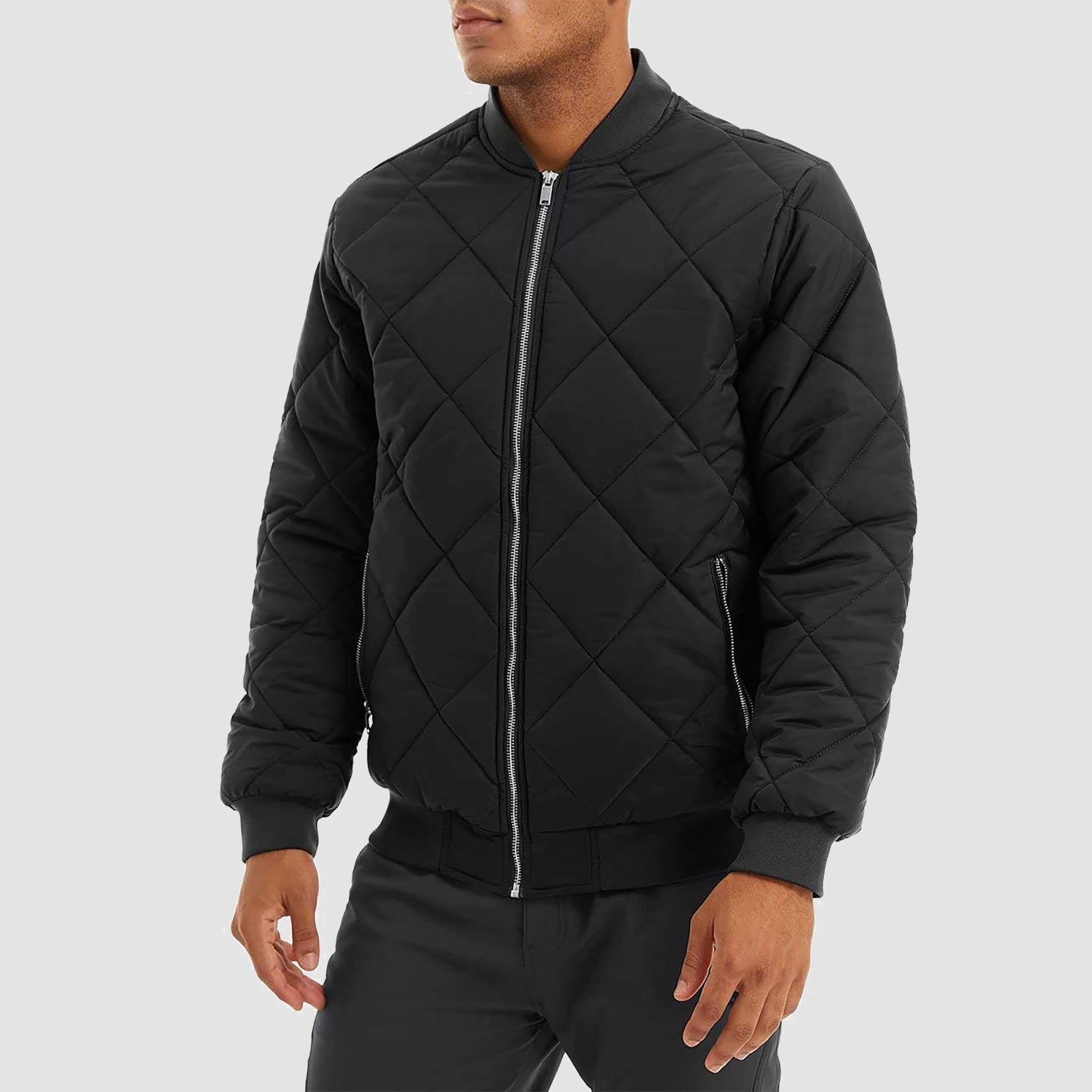 Men's black winter bomber jacket fleece-lined windproof coat with stand-up collar casual style