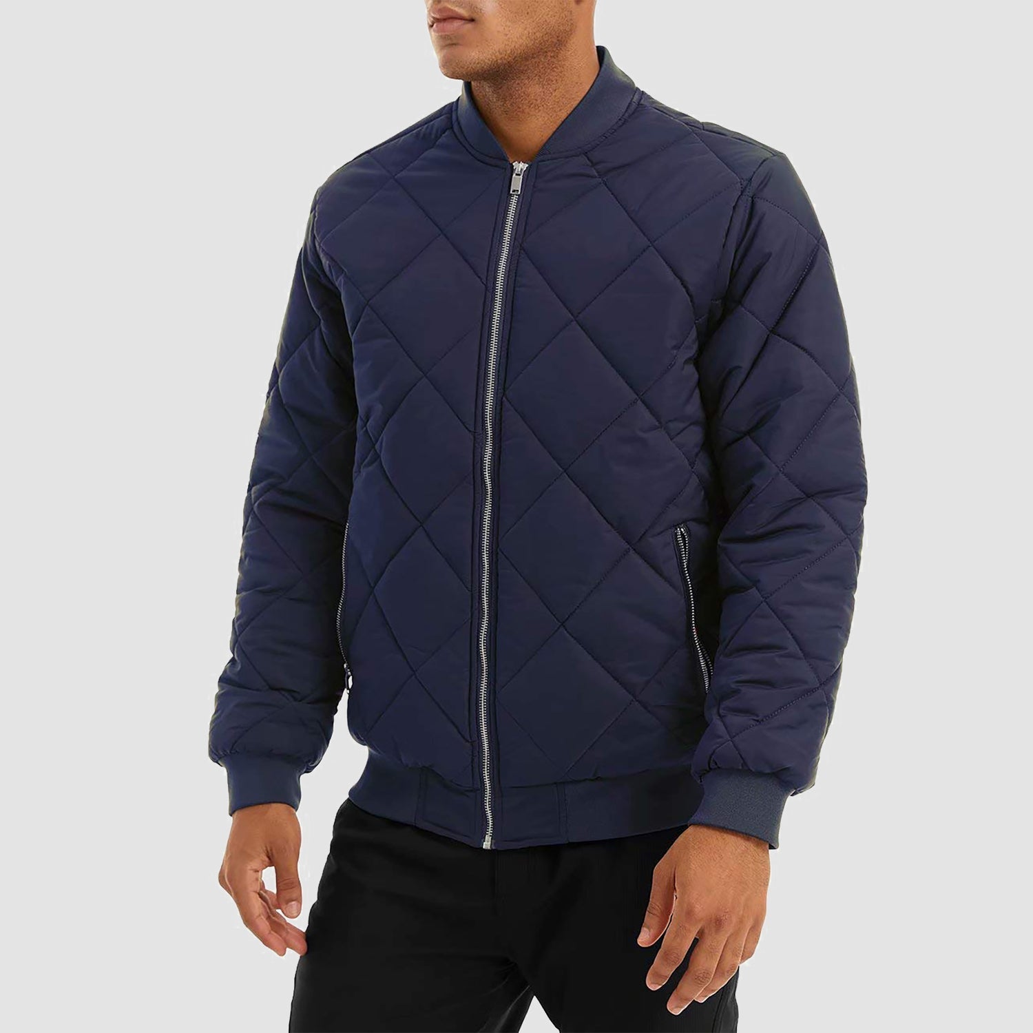 Men's black winter bomber jacket fleece-lined windproof coat with stand-up collar casual style