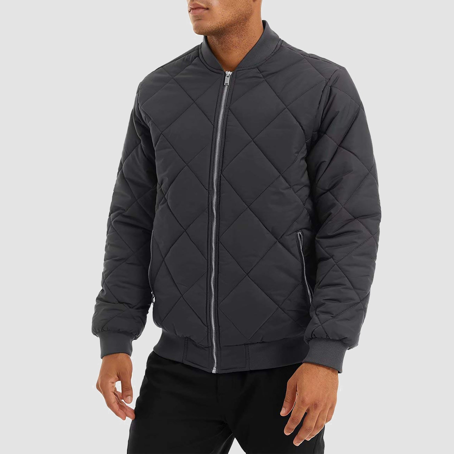 Men's dark bomber jacket fleece-lined windproof coat with stand-up collar, casual winter style