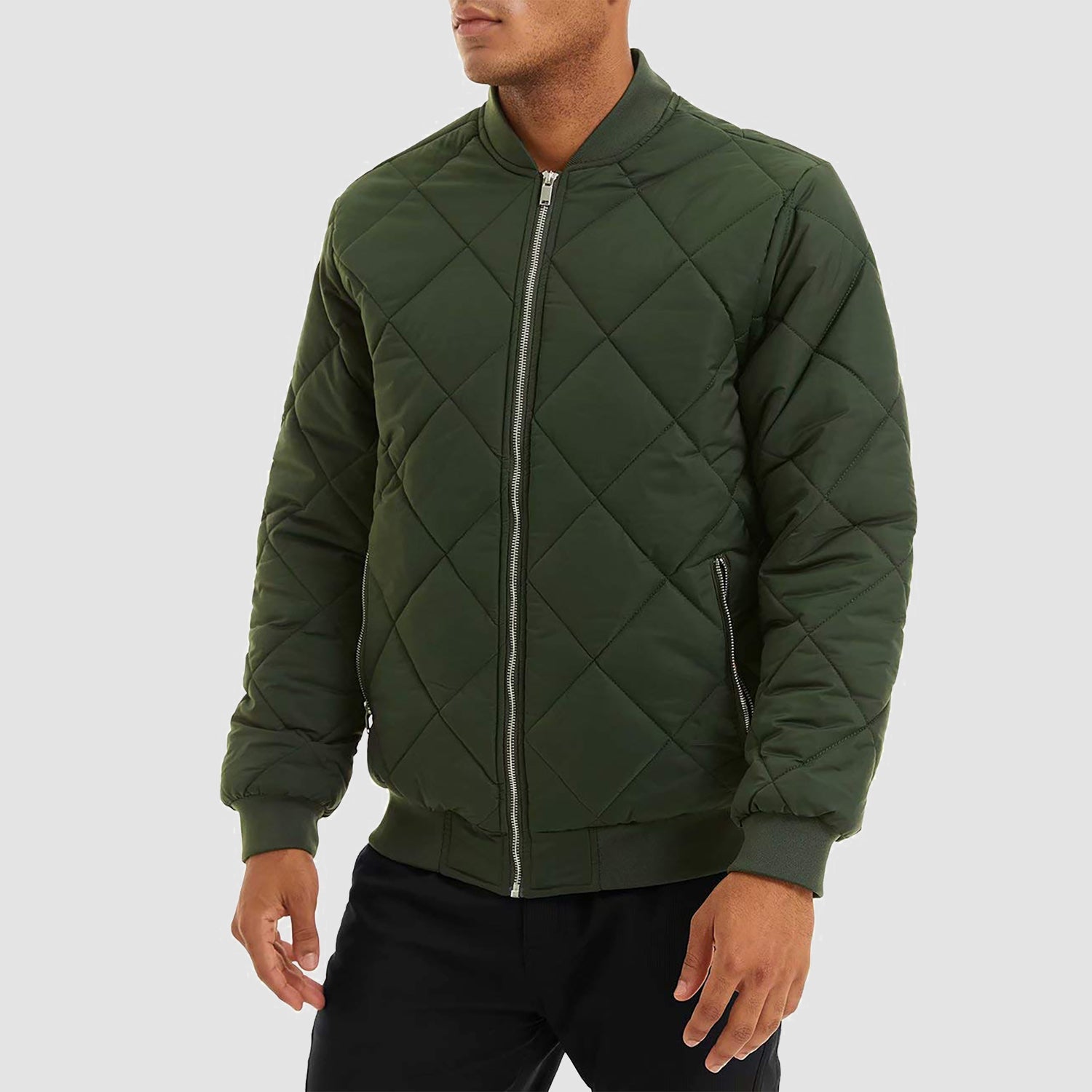 Men's black winter bomber jacket fleece-lined windproof coat with stand-up collar rugged casual style