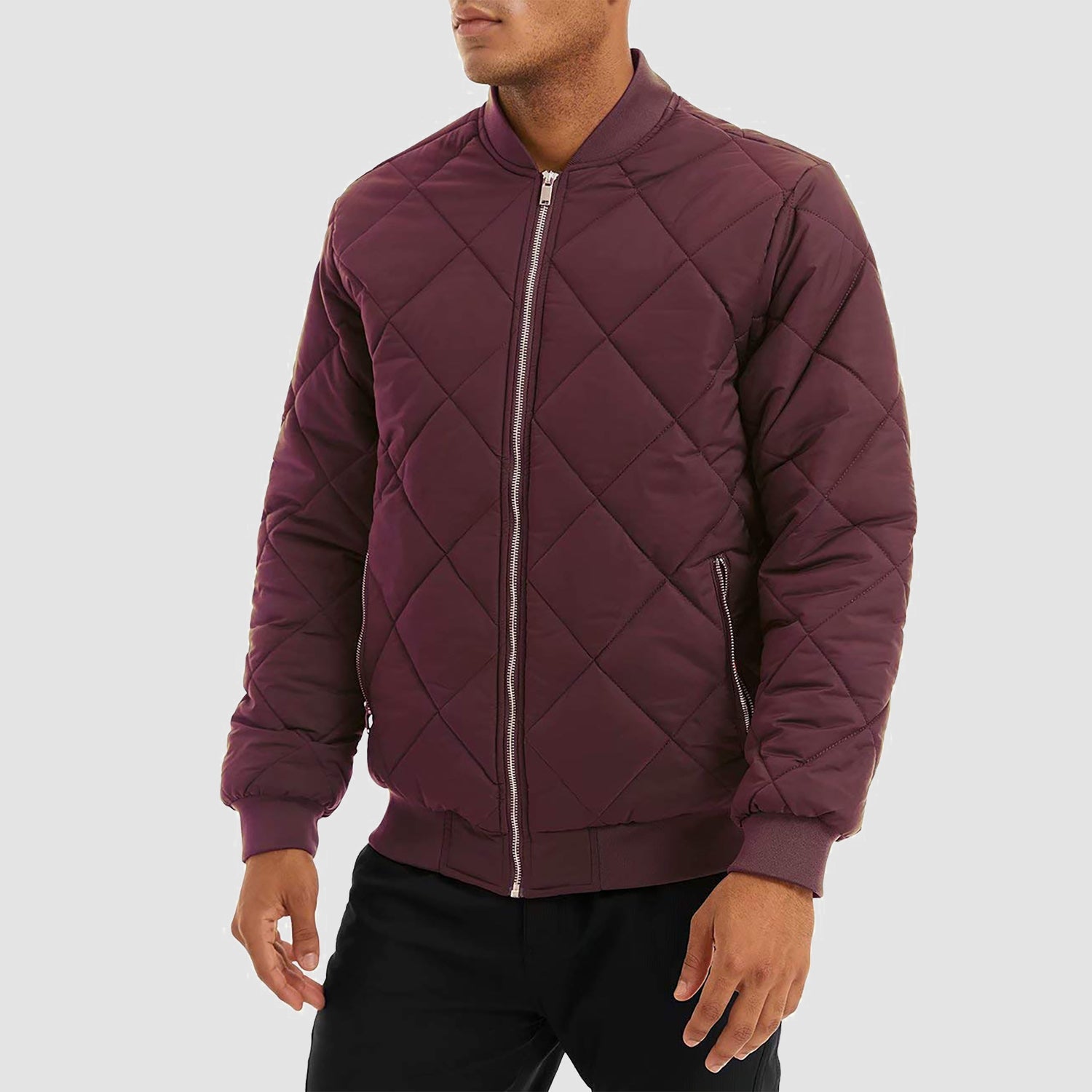 Men's black winter bomber jacket fleece-lined windproof coat with stand-up collar rugged casual style