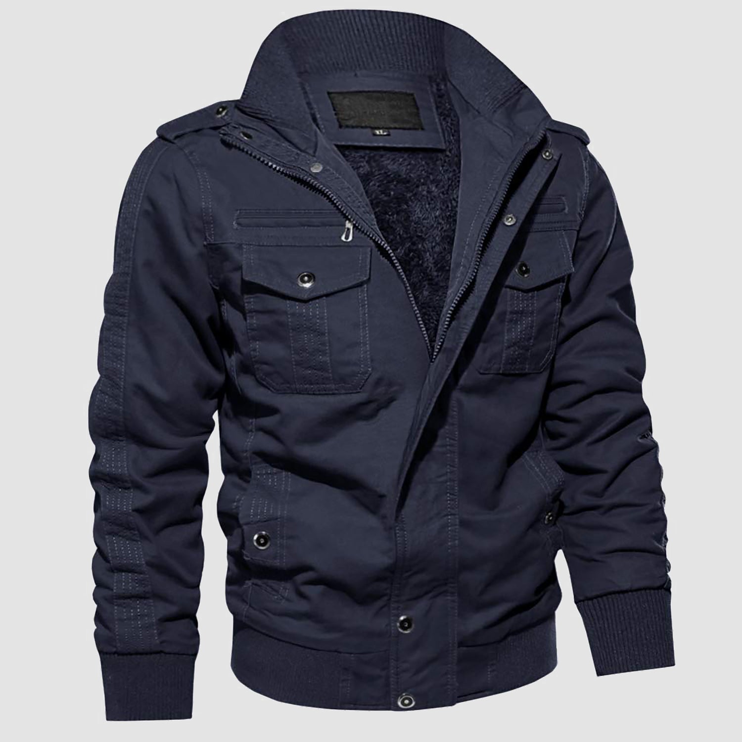 Men's military cargo jacket with fleece lining, windproof zip-button closure, rugged outdoor style