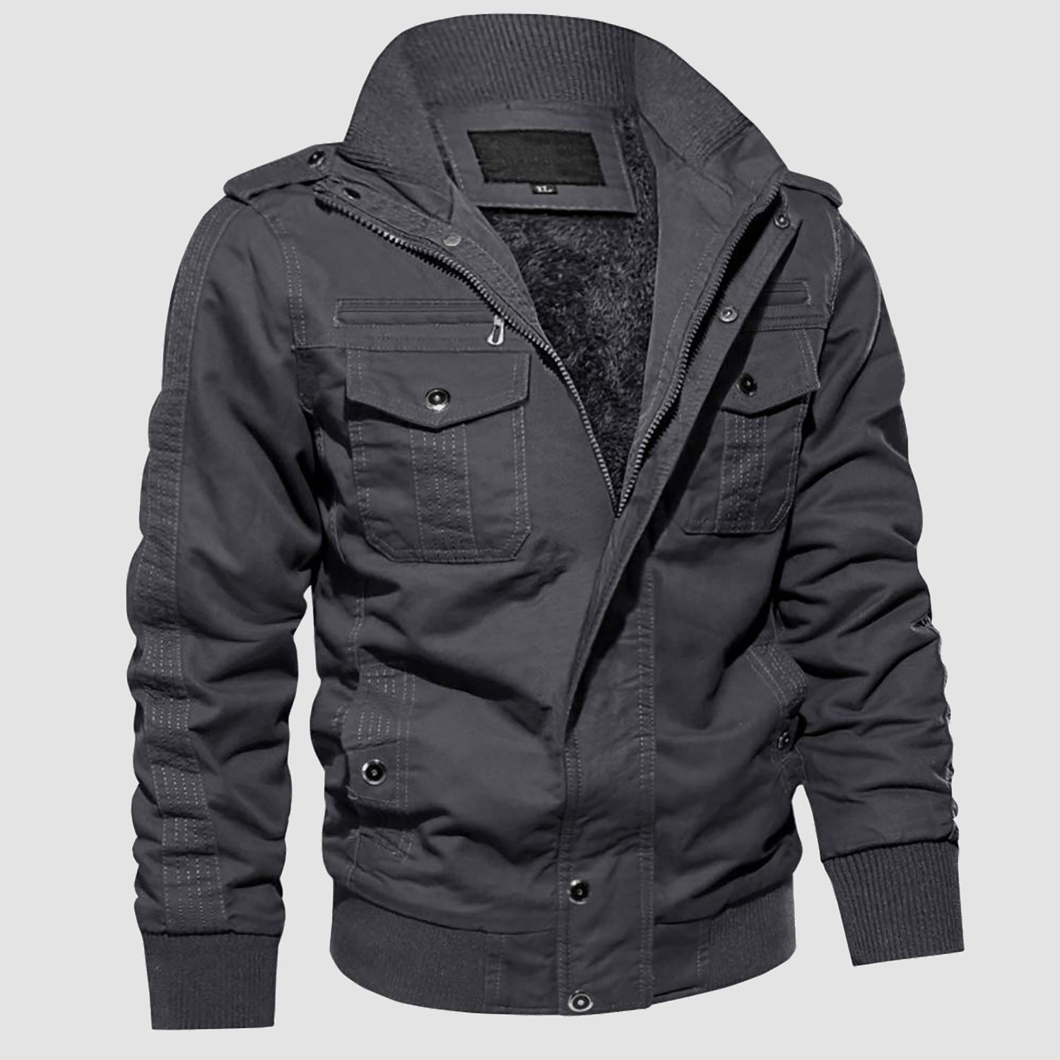 Men's military cargo jacket in olive green, fleece-lined windproof shell with zipper-button closure