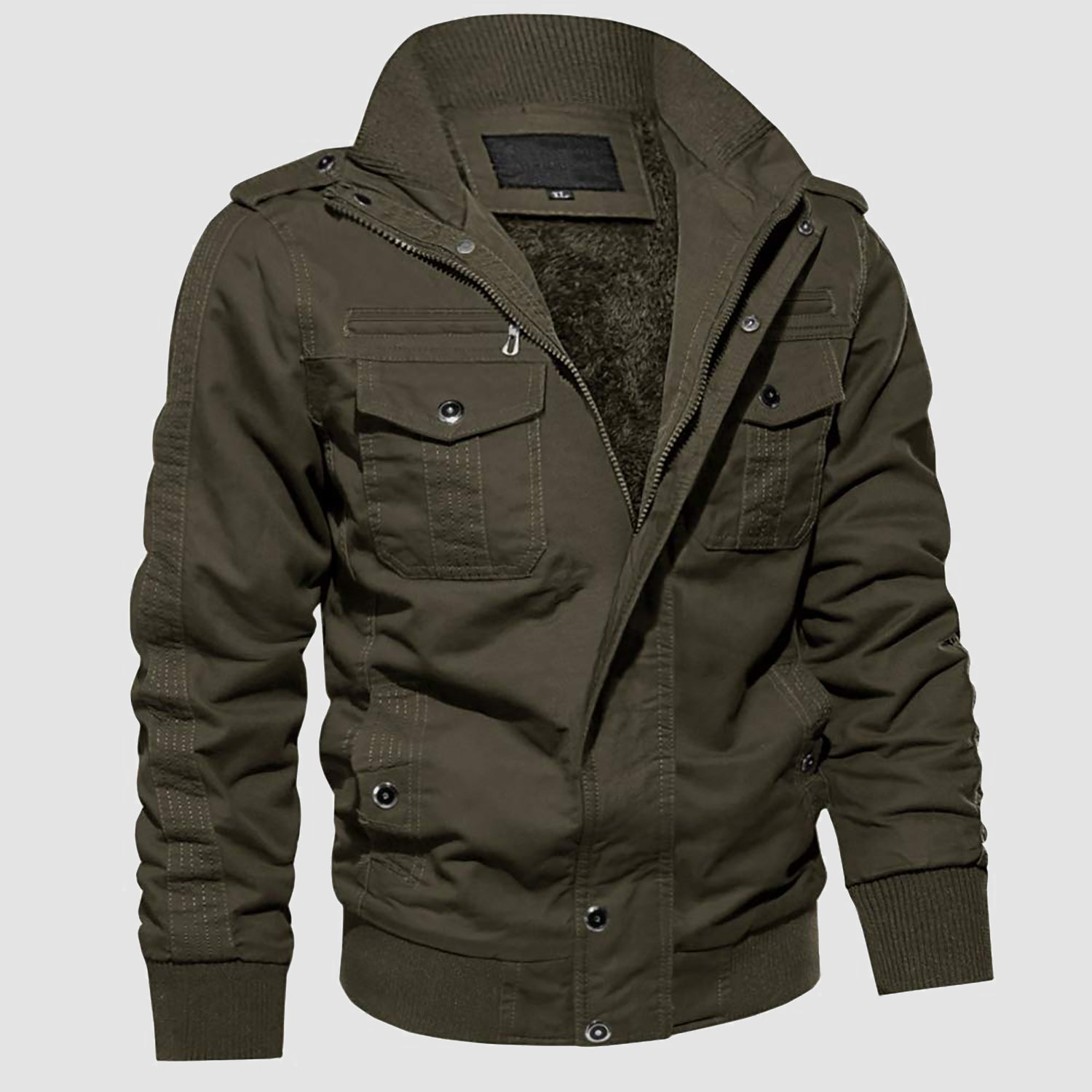 Men's military cargo jacket fleece-lined windproof cotton shell zipper button closure outdoor winter coat