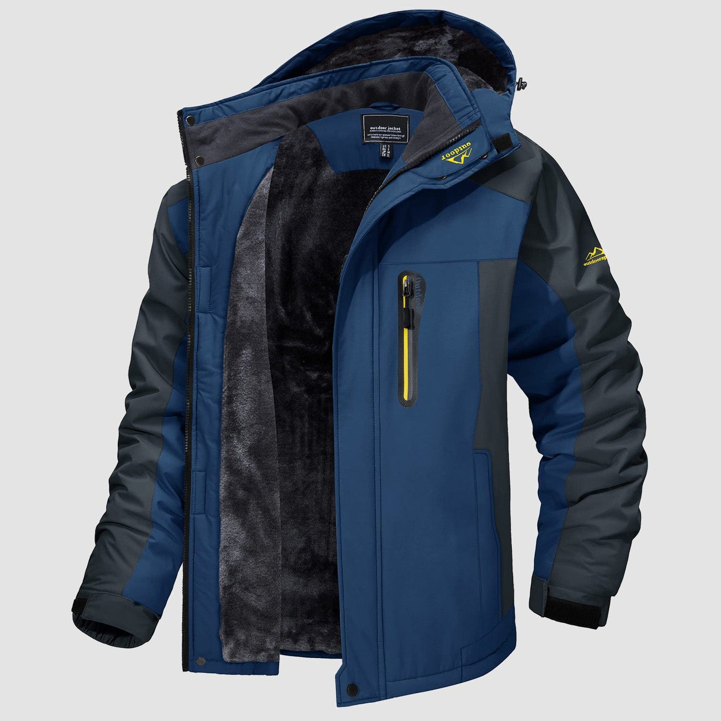 Men's water-resistant ski jacket black fleece-lined with adjustable drawcords for cold weather