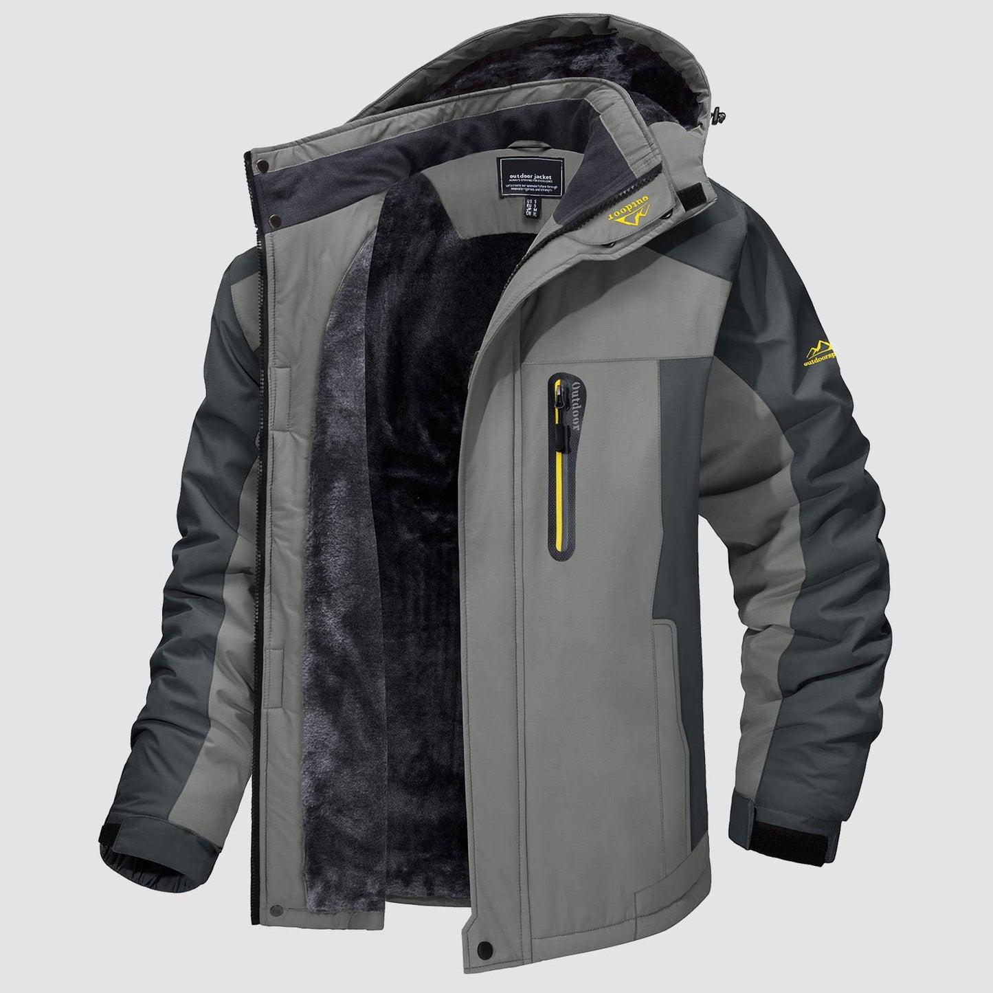 Men's water-resistant ski jacket black fleece-lined polyester shell with adjustable drawcord hem