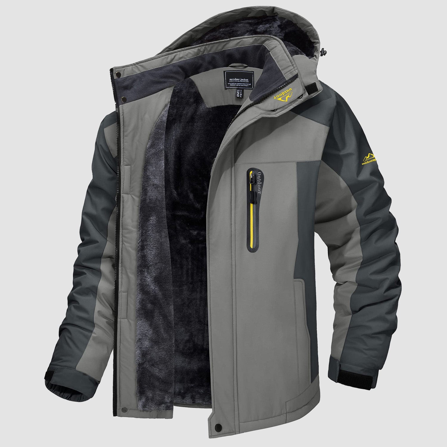 Men's water-resistant ski jacket black fleece-lined polyester shell with adjustable drawcord hem