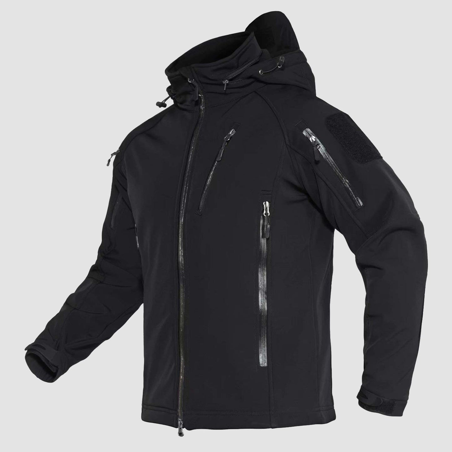 Men's hooded tactical winter jacket with 8-pocket design, water-resistant windproof softshell for outdoor use