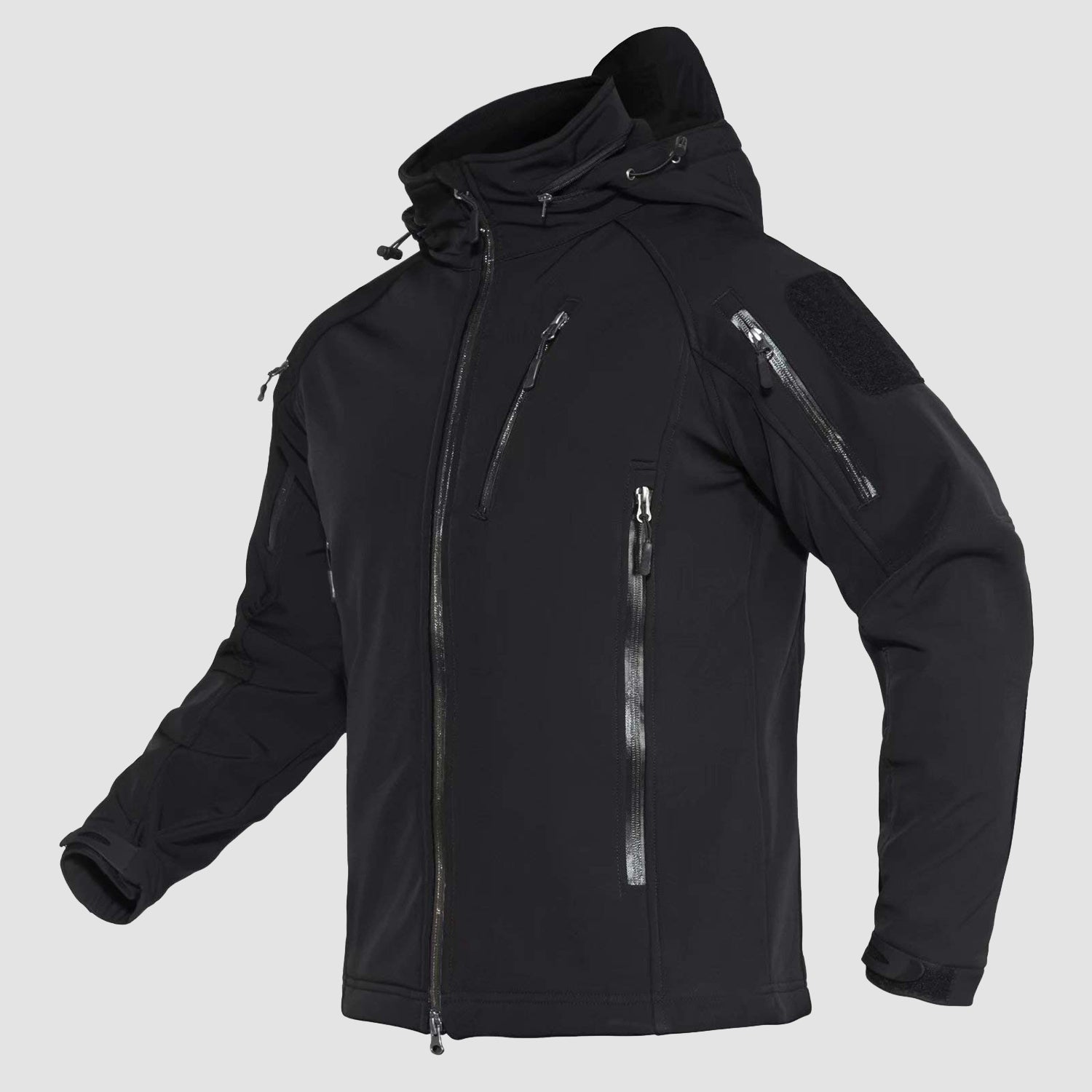 Men's hooded tactical winter jacket with 8-pocket design, water-resistant windproof softshell for outdoor use