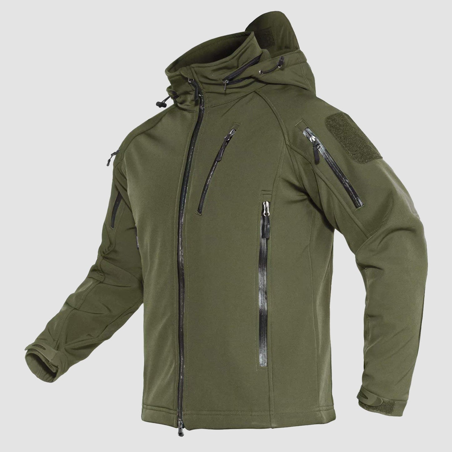 Men's hooded tactical jacket water-resistant windproof soft shell with 8 pockets for outdoor use