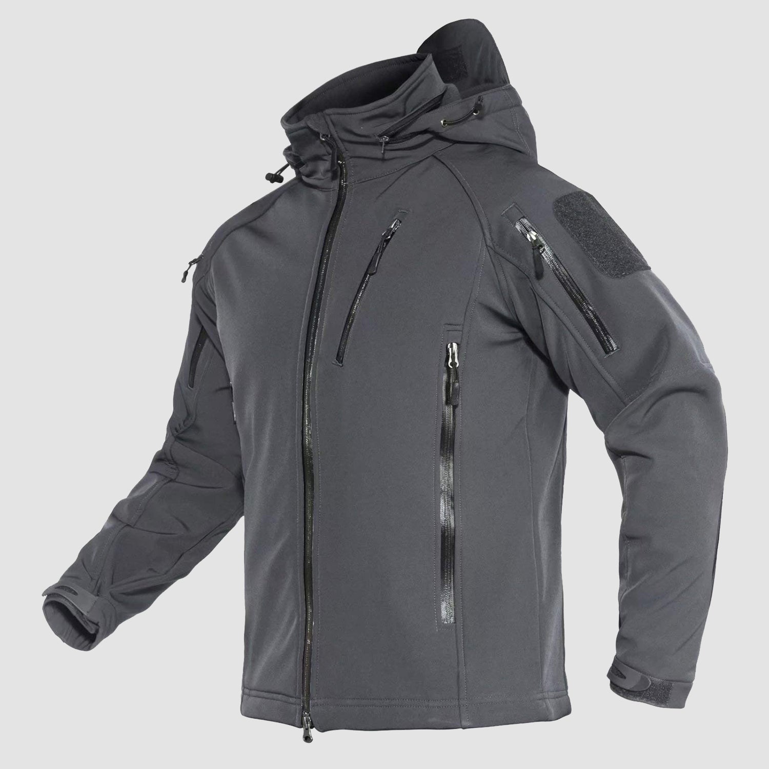 Men's hooded tactical winter jacket dark olive water-resistant windproof shell with 8 functional pockets
