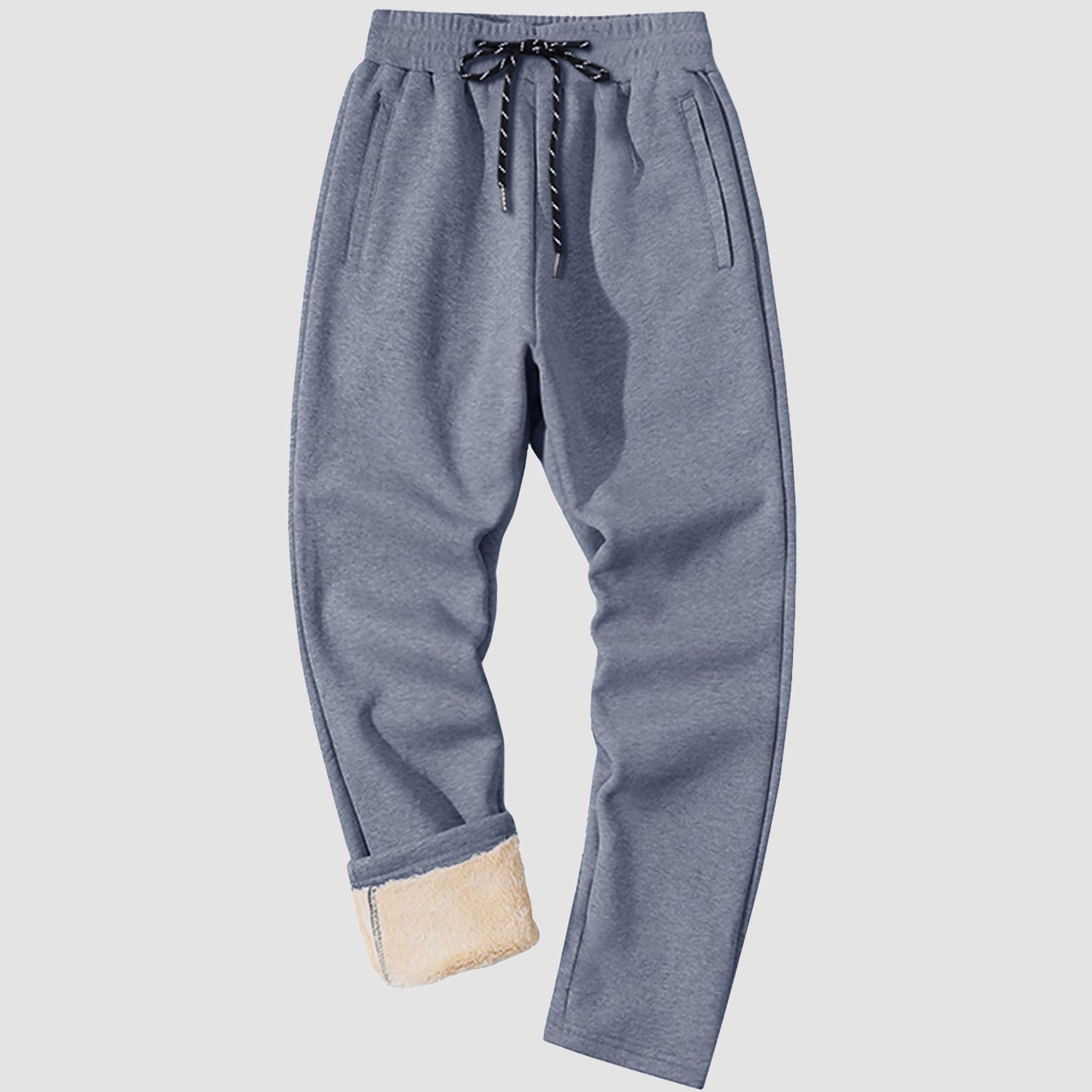 Men's gray fleece sweatpants with Sherpa lining, tapered fit, elastic waist for winter warmth
