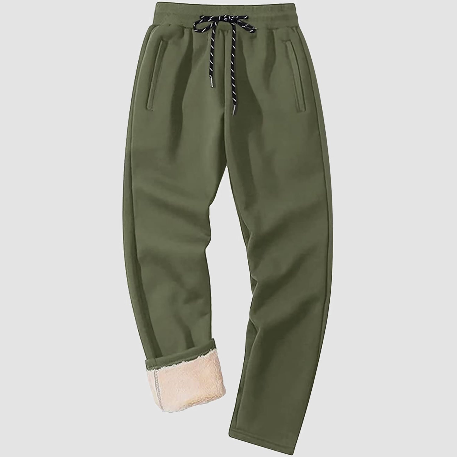 Men's gray fleece sweatpants with Sherpa lining, tapered fit, elastic waistband for cold-weather comfort
