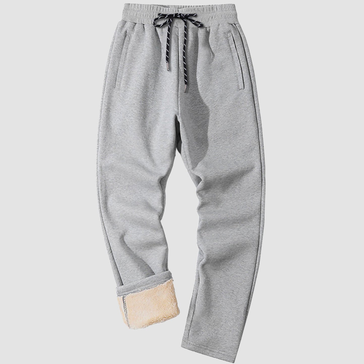 Men's gray fleece sweatpants with sherpa lining, elastic waist, relaxed fit for cold weather