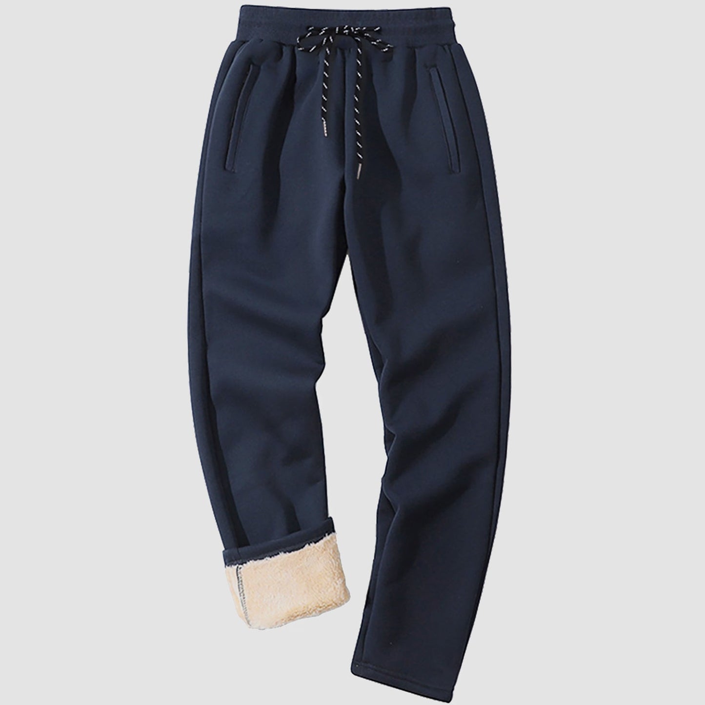 Men's gray fleece sweatpants with sherpa lining, tapered fit and elastic waistband for winter warmth