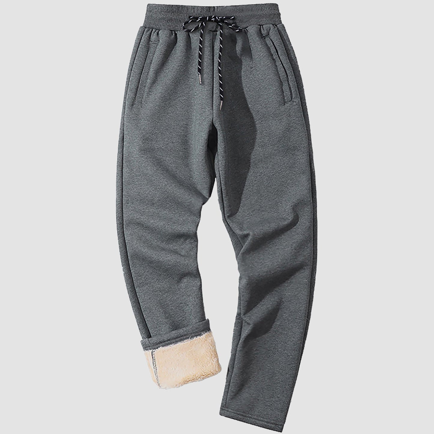 Men's gray fleece sweatpants with Sherpa lining, tapered fit and elastic waistband for winter warmth
