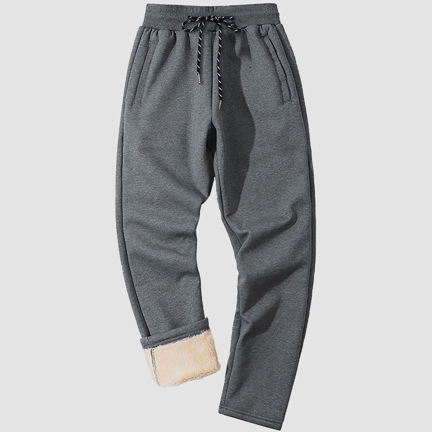 Men's gray fleece sweatpants with Sherpa lining, tapered fit and elastic waistband for winter warmth