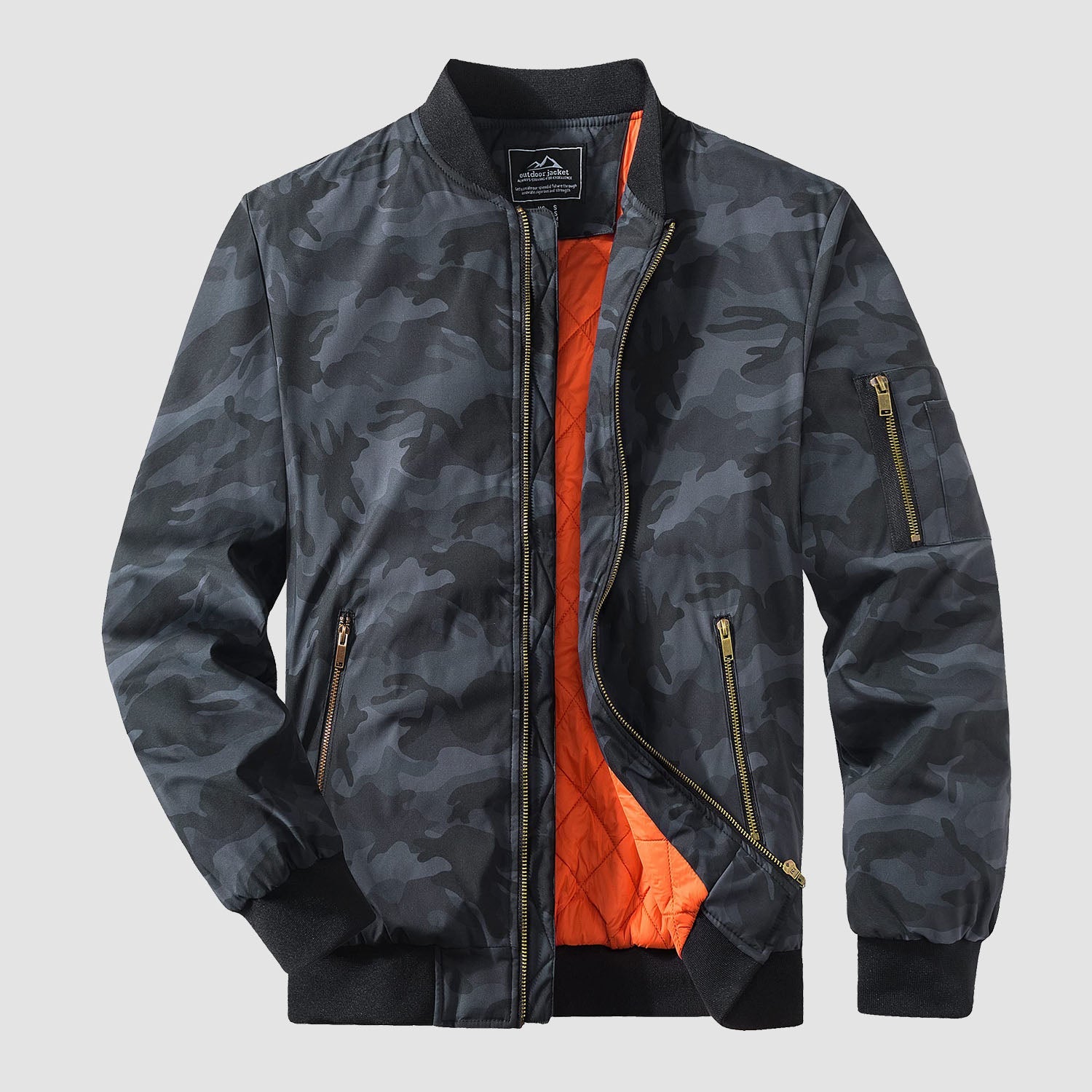 Men's black bomber jacket zip-up windbreaker with quilted orange interior lining and multi-pocket design