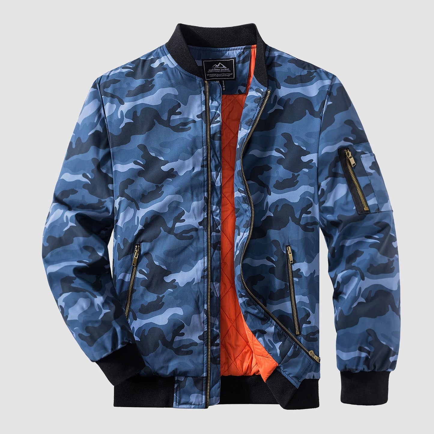 Men's black bomber jacket zip-up windbreaker with quilted orange interior lining and multi-pockets