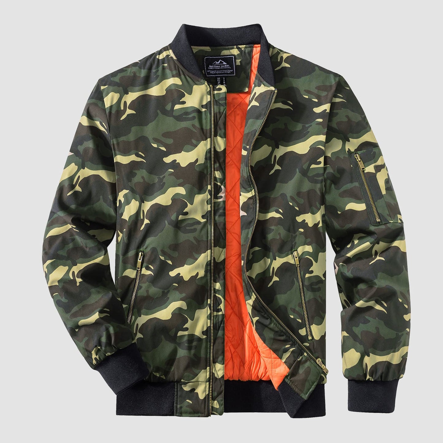 Men's zip-up bomber windbreaker jacket with quilted orange lining and multi-pocket design