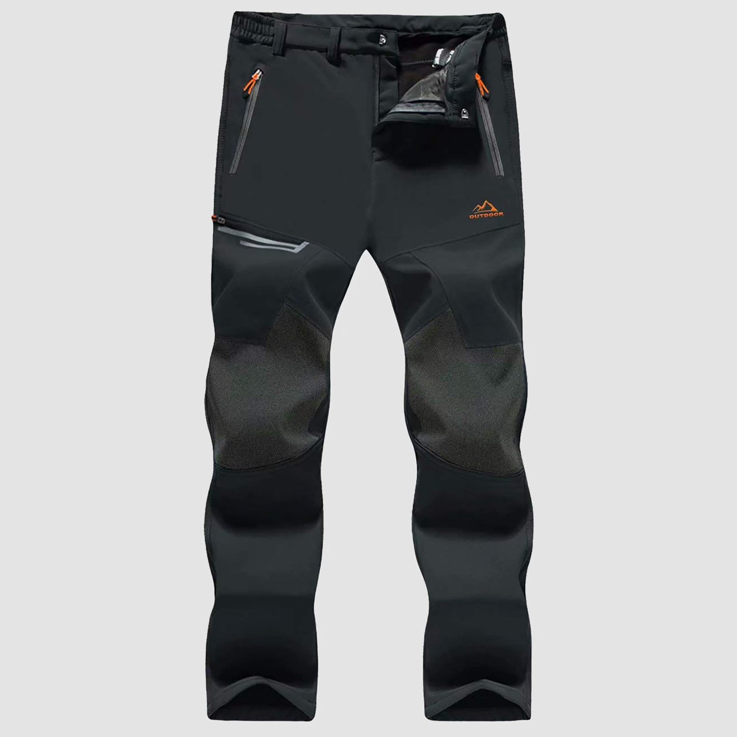 Men's black fleece-lined ski pants, water-resistant winter sports fit with four zip pockets and durable knees
