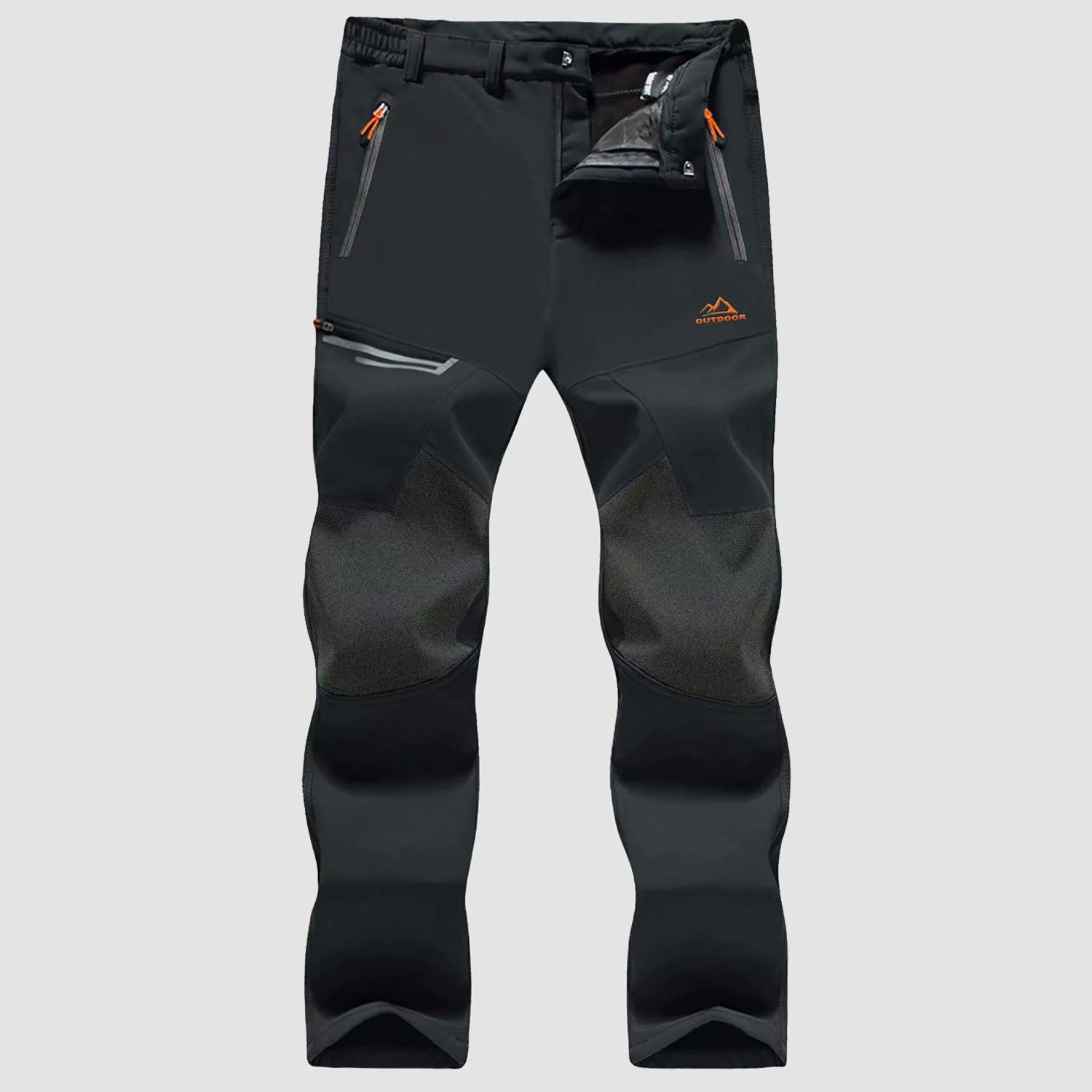 Men's black fleece-lined ski pants, water-resistant winter sports fit with four zip pockets and durable knees