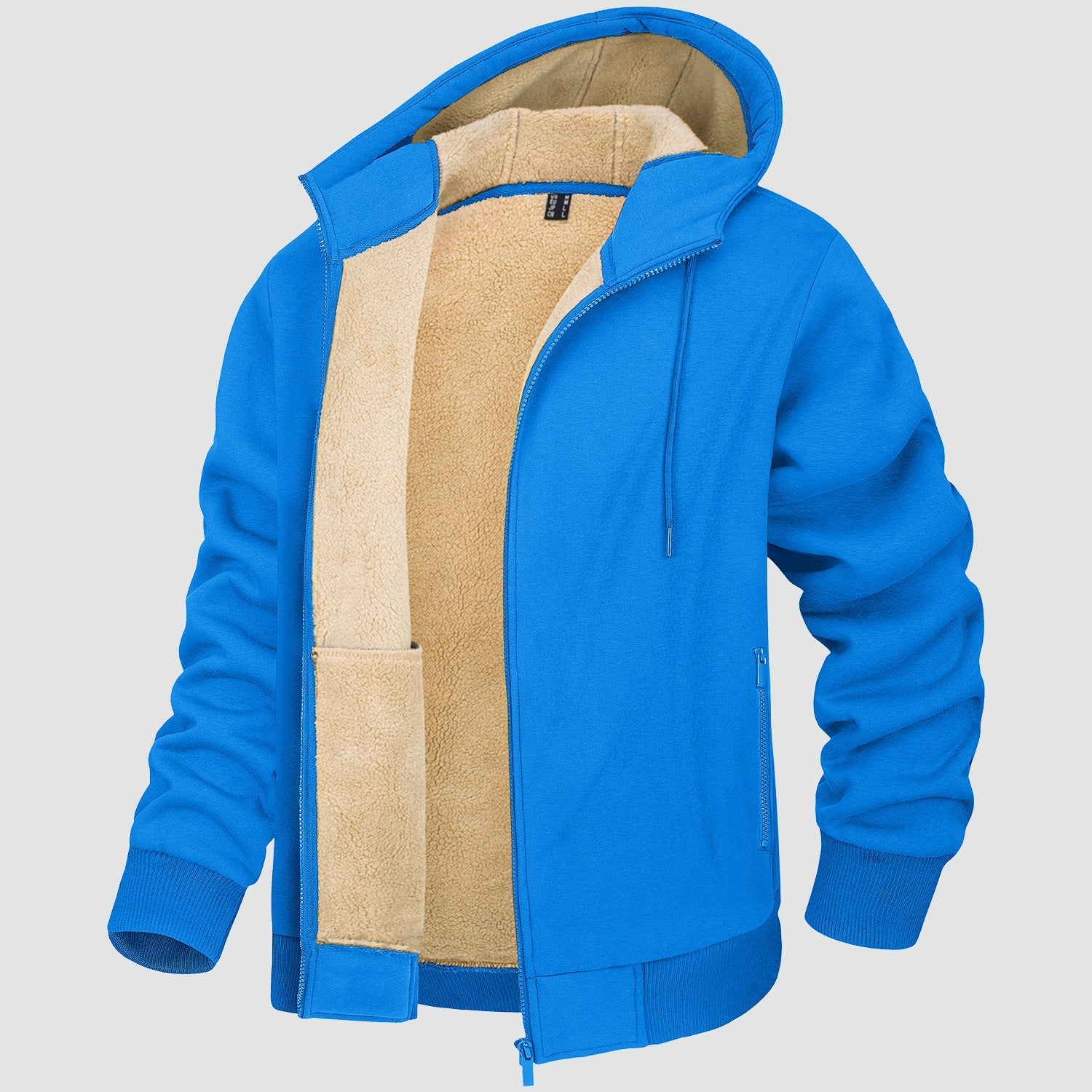 Men's gray fleece-lined zip hoodie jacket with sherpa lining, cozy winter coat cotton-spandex blend
