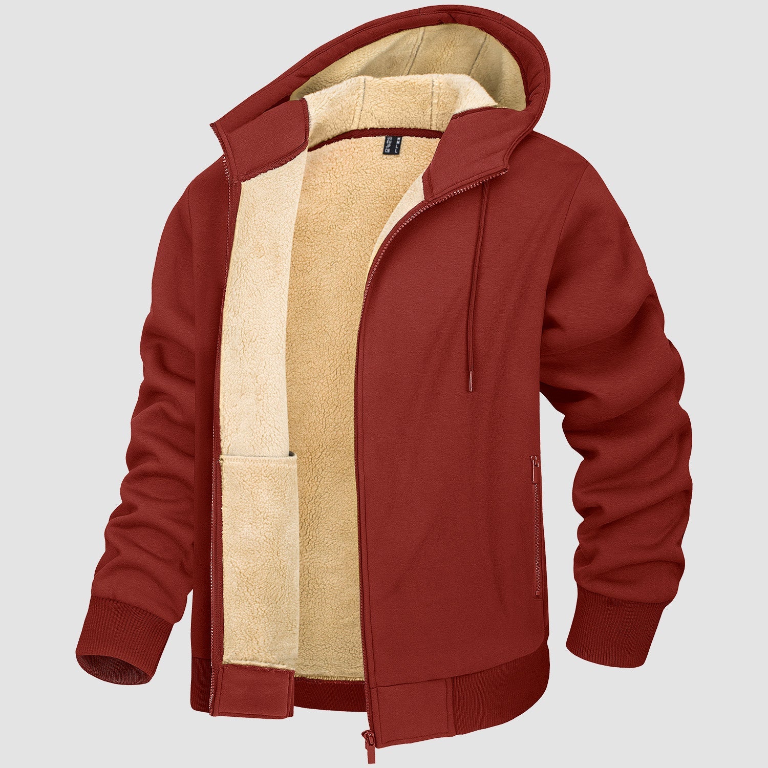 Men's fleece lined zip-up hoodie windproof winter coat with kangaroo pockets, warm cotton blend