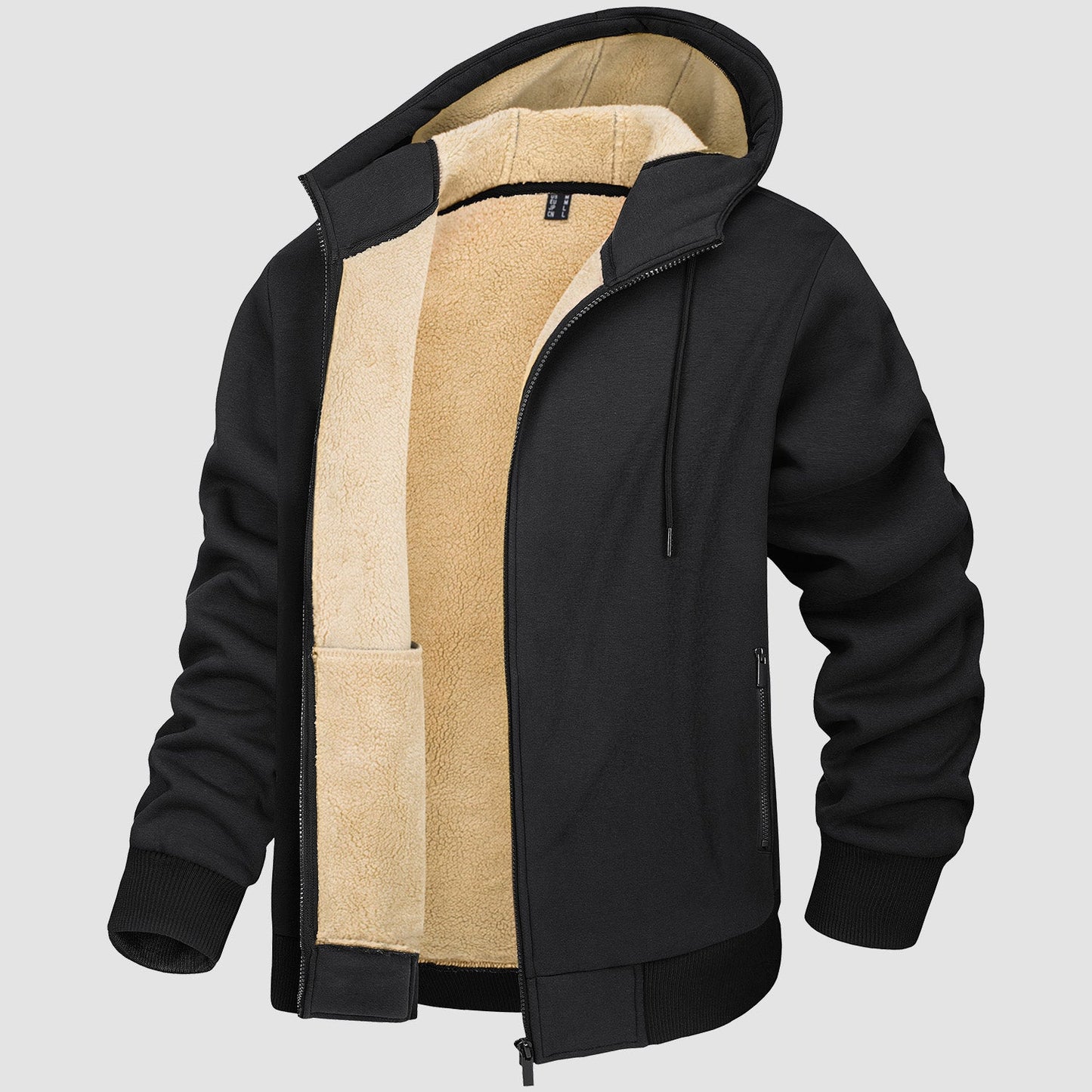 Men's fleece lined zip-up hoodie windproof winter coat with kangaroo pockets, stretchy cotton blend
