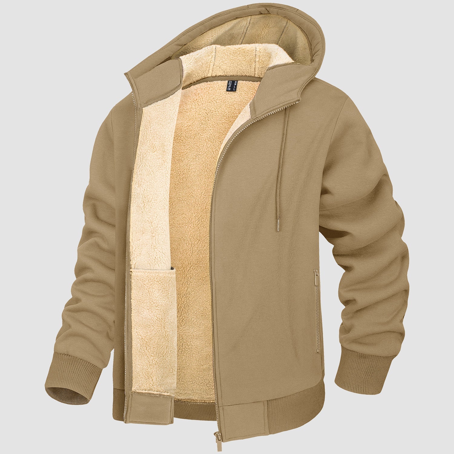 Men's fleece lined zip-up hoodie windproof winter coat with kangaroo pockets, warm cotton blend