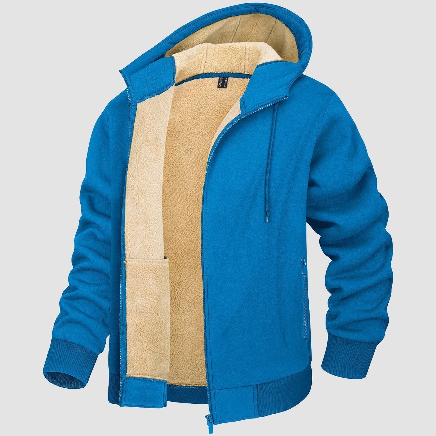 Men's gray fleece-lined zip hoodie jacket with sherpa lining, slim fit, cotton-spandex winter coat