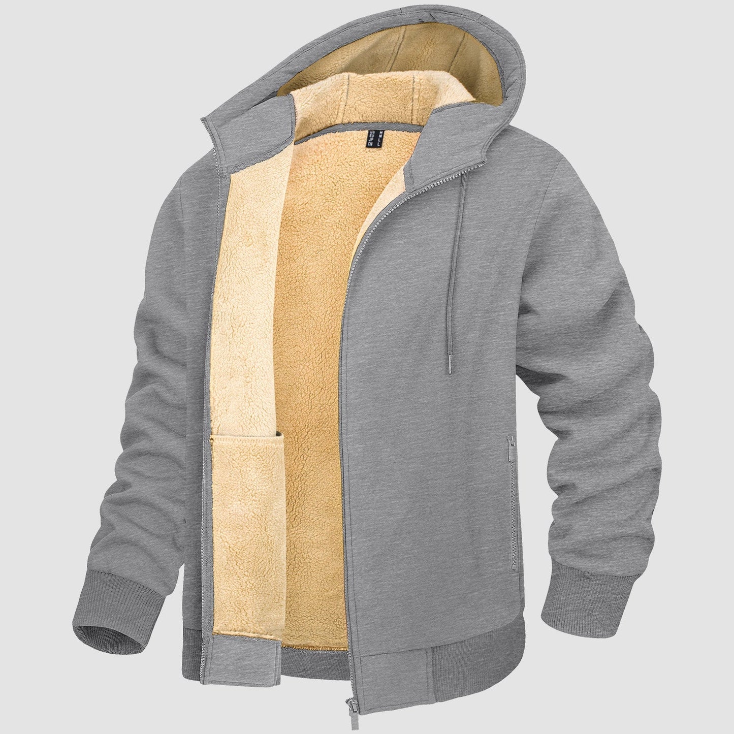 Men's gray fleece-lined zip hoodie jacket with sherpa interior, slim fit, cotton-spandex blend