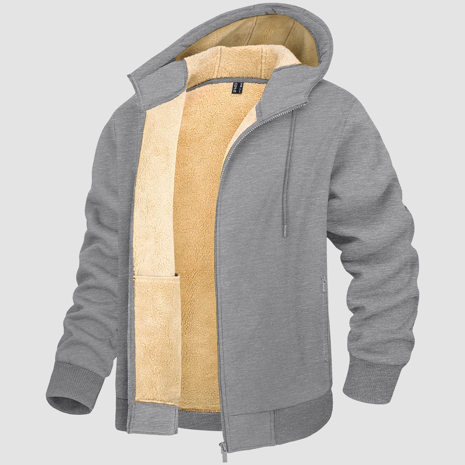 Men's gray fleece-lined zip hoodie jacket with sherpa interior, slim fit, cotton-spandex blend
