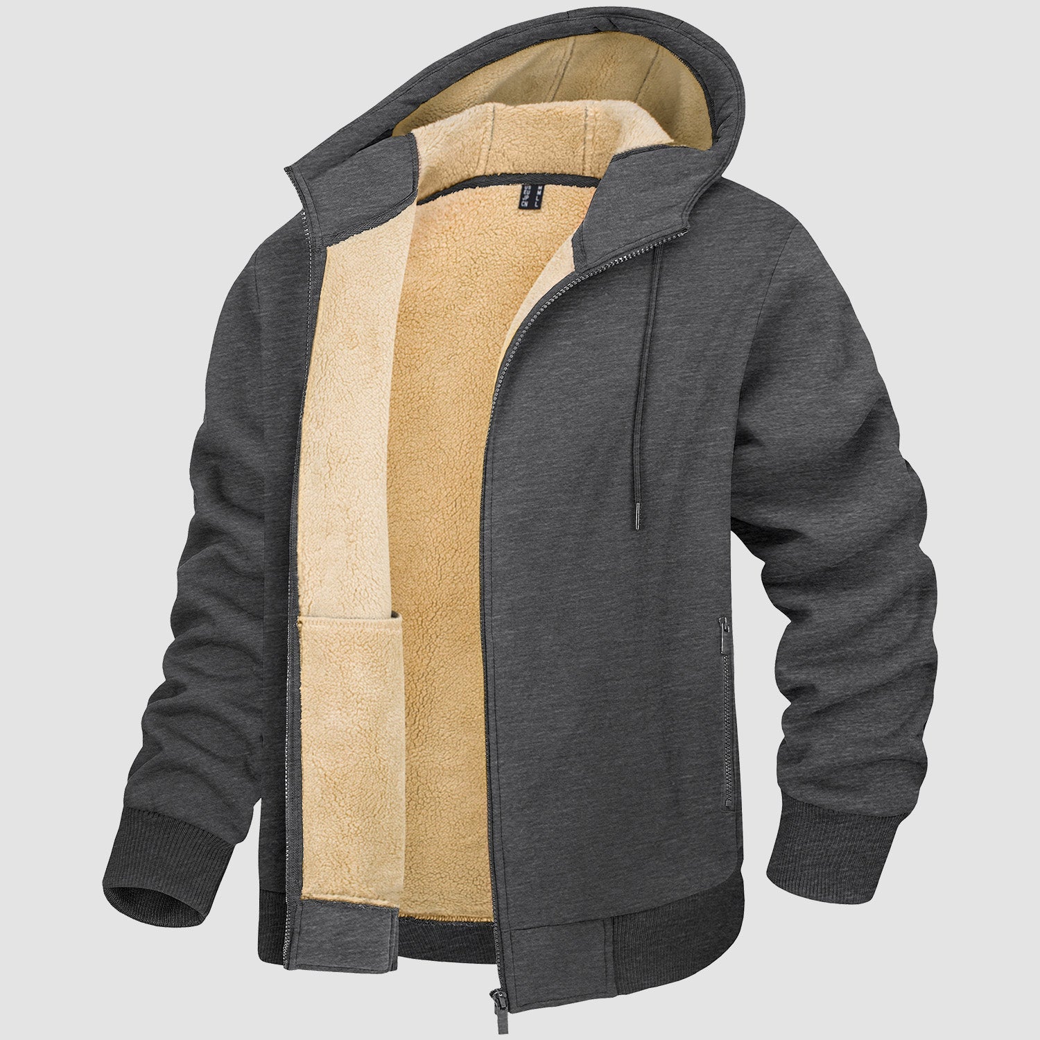 Men's fleece lined zip-up hoodie windproof winter coat with kangaroo pockets, stretchy cotton blend