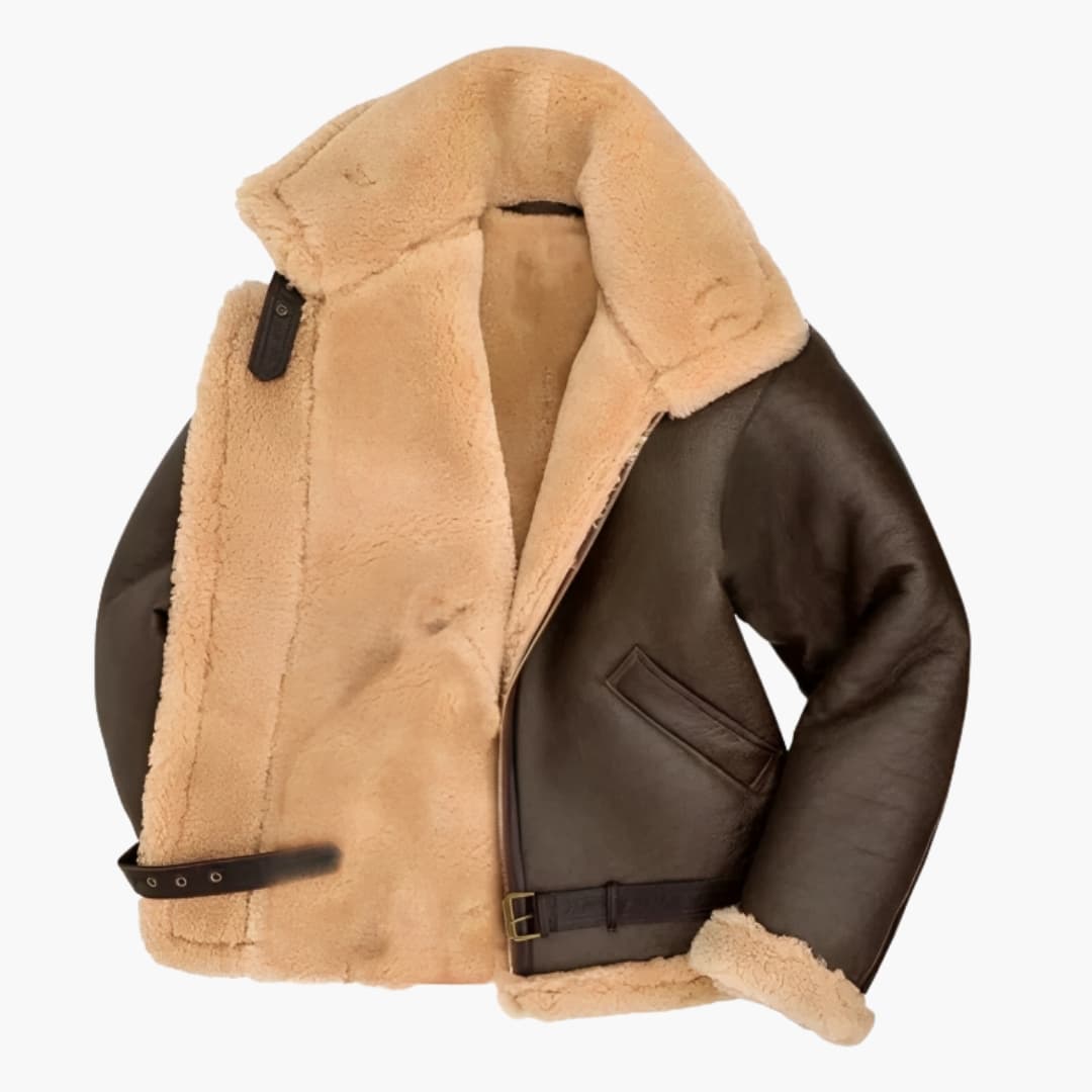 Men's brown aviator jacket wide collar zip-front classic structured outerwear durable everyday layer