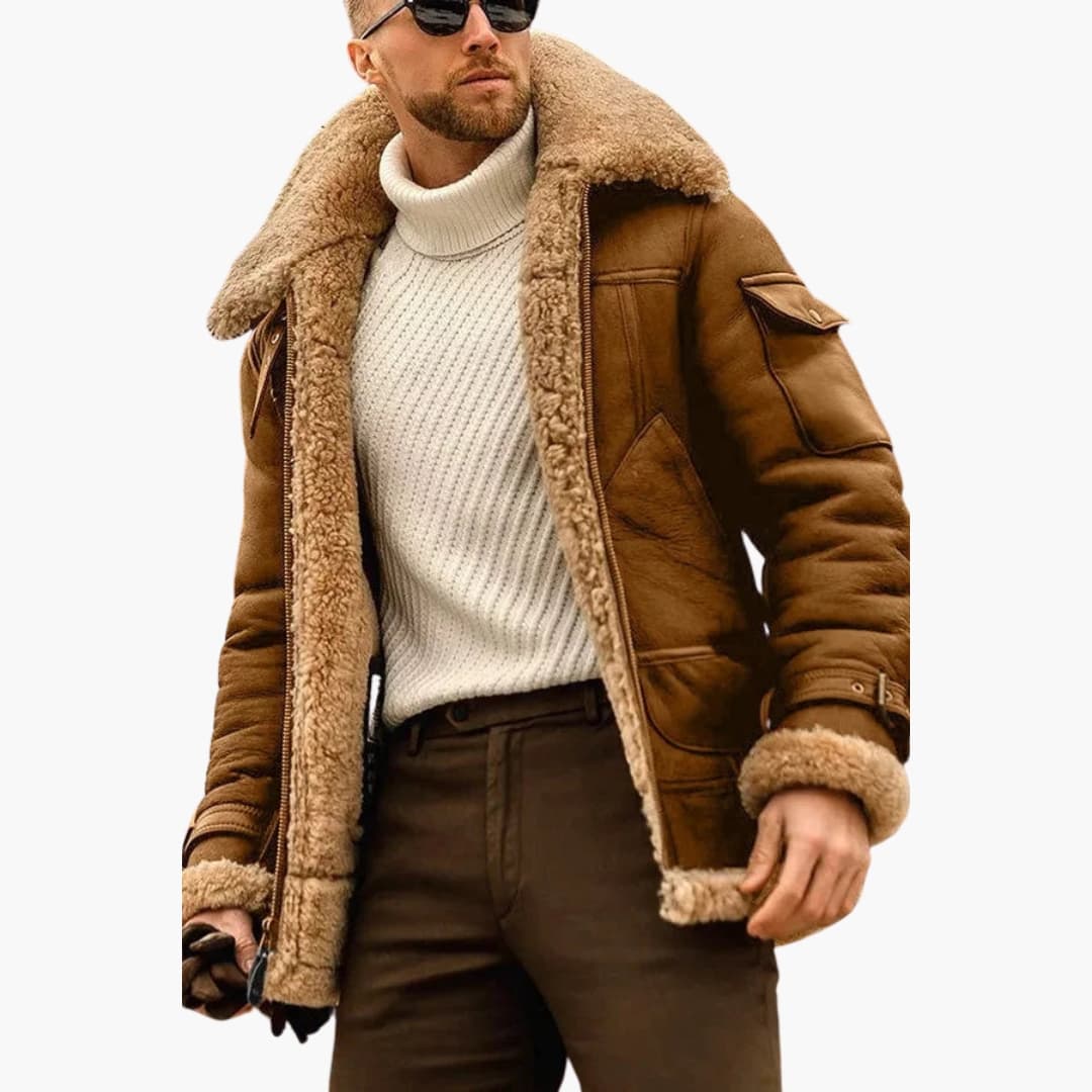 Men's brown aviator jacket with shearling collar, zip closure, full lining, and structured paneled silhouette