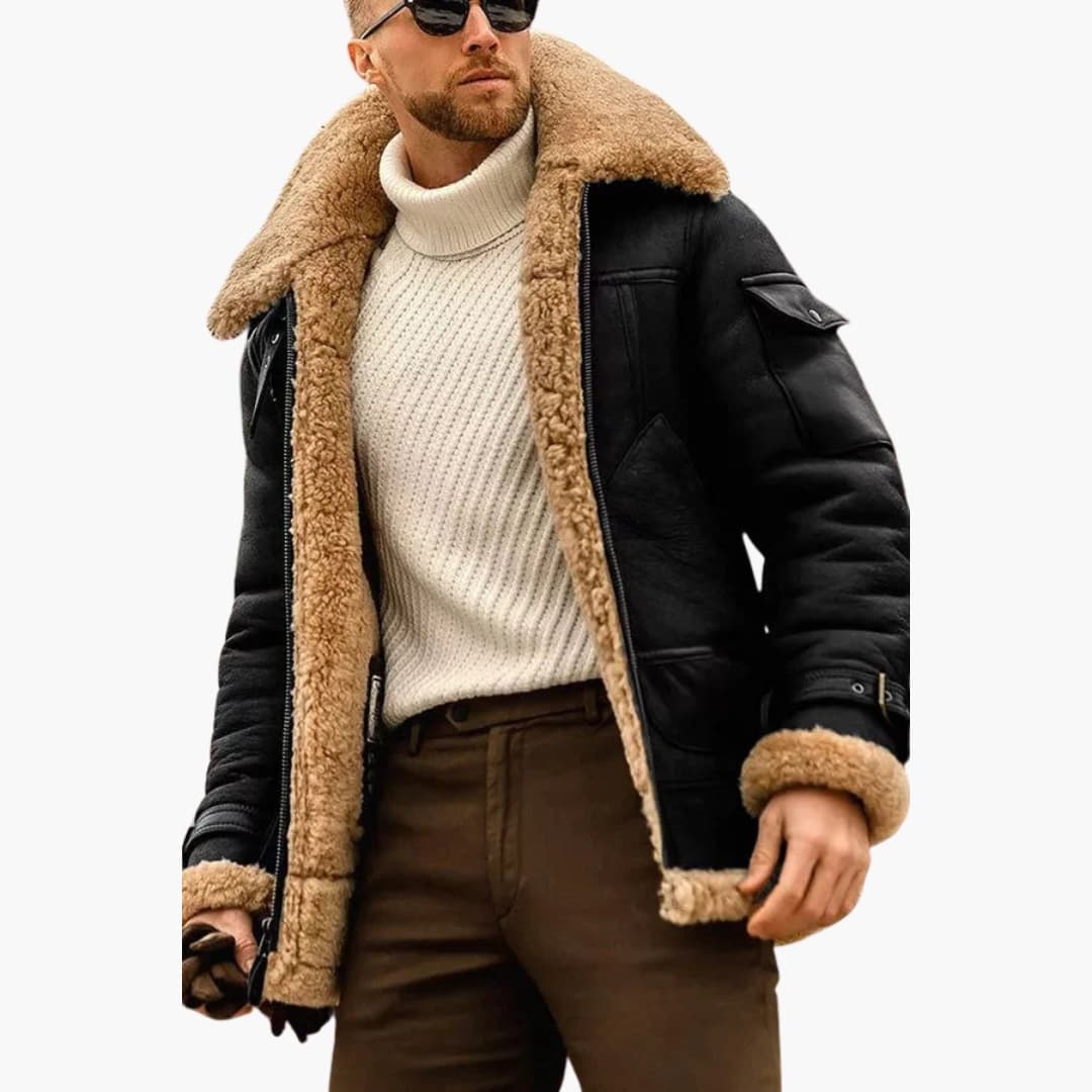 Men's brown aviator jacket with zip closure, shearling collar, full lining, and structured panel silhouette
